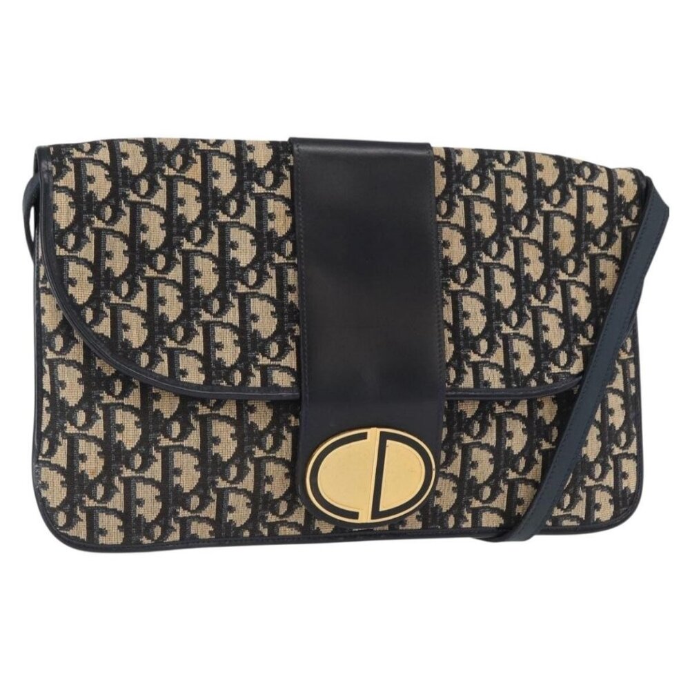 Authentic Christian Dior Trotter Canvas Shoulder Bag Navy Gold